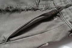 Grey Stone Wash Loose Thread Large Flap Pocket Wide Leg Work Pants