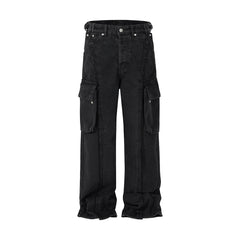 Black Stone Wash Loose Thread Large Flap Pocket Wide Leg Work Pants