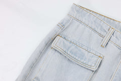 Light Blue Acid Wash Velcro & Zip Strap Pocket Flare Leg Denim
