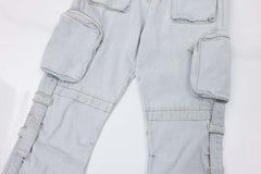 Light Blue Acid Wash Velcro & Zip Strap Pocket Flare Leg Denim