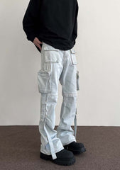 Light Blue Acid Wash Velcro & Zip Strap Pocket Flare Leg Denim