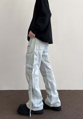 Light Blue Acid Wash Velcro & Zip Strap Pocket Flare Leg Denim