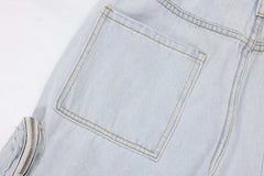 Light Blue Acid Wash Velcro & Zip Strap Pocket Flare Leg Denim