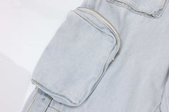 Light Blue Acid Wash Velcro & Zip Strap Pocket Flare Leg Denim