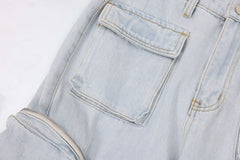 Light Blue Acid Wash Velcro & Zip Strap Pocket Flare Leg Denim