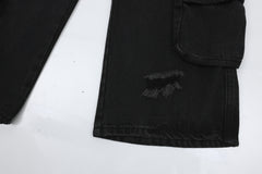 Black Faded Worn In Wash Ripped Multi-Pocket Wide Leg Work Denim