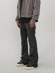 Black Waxed 3D Multi-Layer Stacked Flare Leg Pants