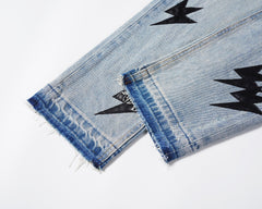 Light Blue Faded Vintage Wash Lightning Patch Slim Leg Denim