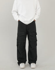 Black Vintage Wash Hard Wide Leg Cargo Pants