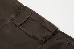 Dark Brown Vintage Wash Zip & Flap Pocket Wide Leg Baggy Twill Pants