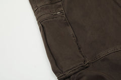 Dark Brown Vintage Wash Zip & Flap Pocket Wide Leg Baggy Twill Pants
