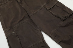 Dark Brown Vintage Wash Zip & Flap Pocket Wide Leg Baggy Twill Pants