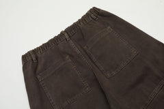 Dark Brown Vintage Wash Zip & Flap Pocket Wide Leg Baggy Twill Pants