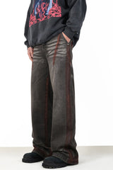 Black & Red Faded Worn In Wash Darted Loose Fit Wide Leg Denim