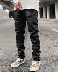 Black Waxed Front Flap Pocket Double-Front Skinny Denim