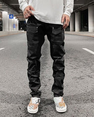 Black Waxed Front Flap Pocket Double-Front Skinny Denim