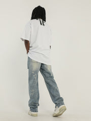 Blue Slash Cut Split Hem Straight Leg Denim