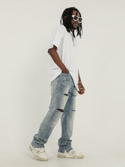 Blue Slash Cut Split Hem Straight Leg Denim