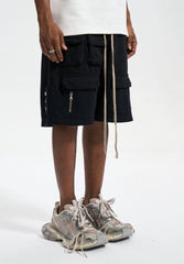 Black Multi Velcro Flap & Zip Cozy Sweatpant Shorts