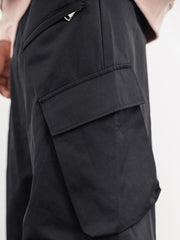 Black Slanted Flap & Zip Wide Leg Cargo Pants