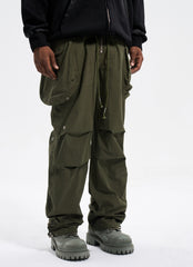 Green Drawstring Front Zip Large Patch Pocket Parachute Pants