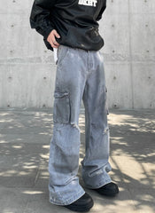 Light Grey Stain Wash Distressed Cargo Stacked Wide Leg Denim