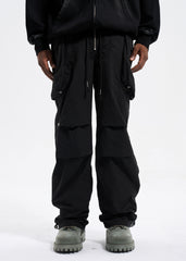 Black Drawstring Front Zip Large Patch Pocket Parachute Pants