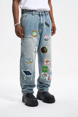 Light Blue Ripped Retro Patched Carpenter Double-Front Straight Leg Denim