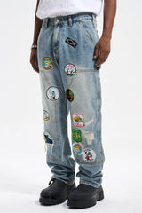 Light Blue Ripped Retro Patched Carpenter Double-Front Straight Leg Denim