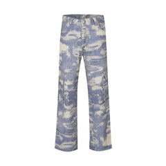 Light Blue Digital Camo Print Loose Fit Cargo Denim