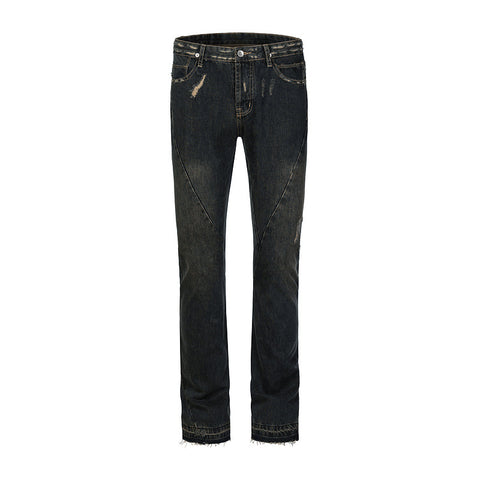 Black Heavy Distressed Wash Flare Leg Denim