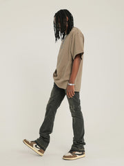 Black Heavy Distressed Wash Flare Leg Denim