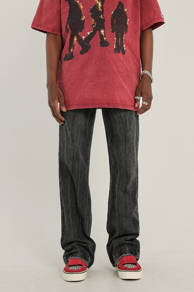 Dark Grey Heavy Worn In Wash Ripped Hem Stacked Straight Leg Denim