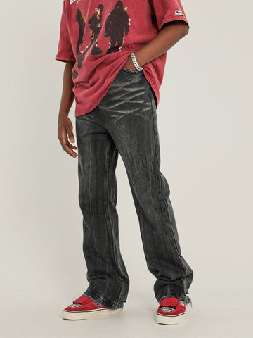 Dark Grey Heavy Worn In Wash Ripped Hem Stacked Straight Leg Denim