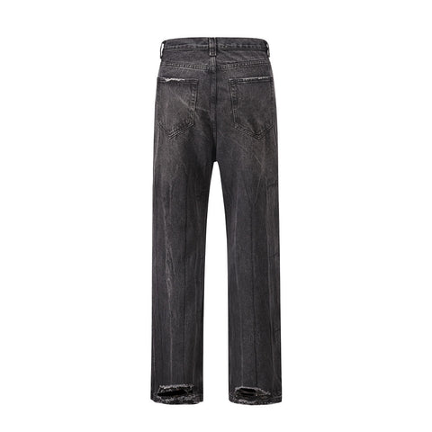 Dark Grey Heavy Worn In Wash Ripped Hem Stacked Straight Leg Denim