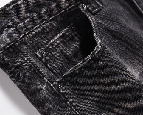 Dark Grey Heavy Worn In Wash Ripped Hem Stacked Straight Leg Denim