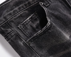 Dark Grey Heavy Worn In Wash Ripped Hem Stacked Straight Leg Denim