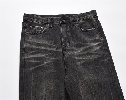 Dark Grey Heavy Worn In Wash Ripped Hem Stacked Straight Leg Denim