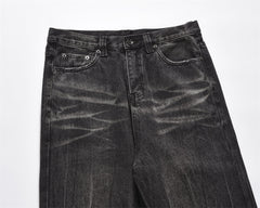 Dark Grey Heavy Worn In Wash Ripped Hem Stacked Straight Leg Denim