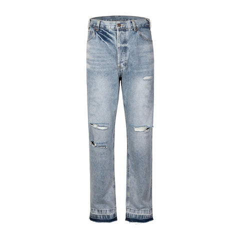 Light Blue Worn In Wash Destroyed Stacked Straight Leg Denim