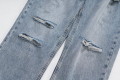 Light Blue Worn In Wash Destroyed Stacked Straight Leg Denim