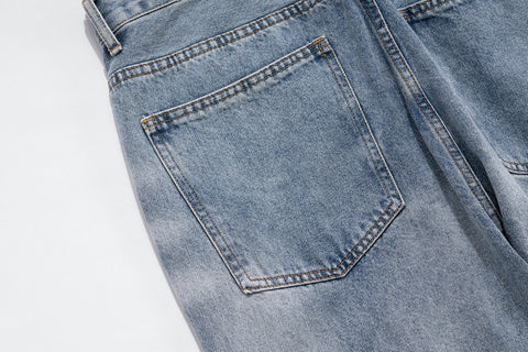 Light Blue Worn In Wash Destroyed Stacked Straight Leg Denim
