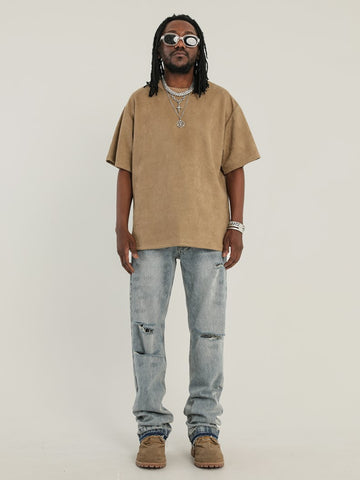 Light Blue Worn In Wash Destroyed Stacked Straight Leg Denim