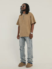 Light Blue Worn In Wash Destroyed Stacked Straight Leg Denim