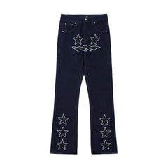 Blue Embroidered Smiling Star Patch Stacked Flare Leg Denim