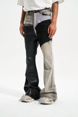 Grey Multi-Color Waxed Patchwork Stacked Flare Leg Denim