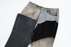 Grey Multi-Color Waxed Patchwork Stacked Flare Leg Denim