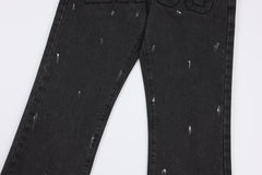 Black Paint Splash Leather Embroidered Stacked Flare Leg Denim