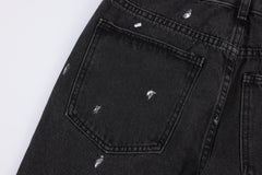 Black Paint Splash Leather Embroidered Stacked Flare Leg Denim
