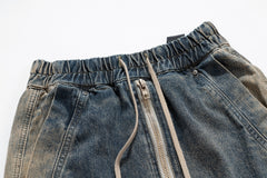 Blue Gradient Wash Drawstring Waist Front Zip Wide Leg Denim